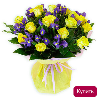 Желтые розы и ирисы в букете